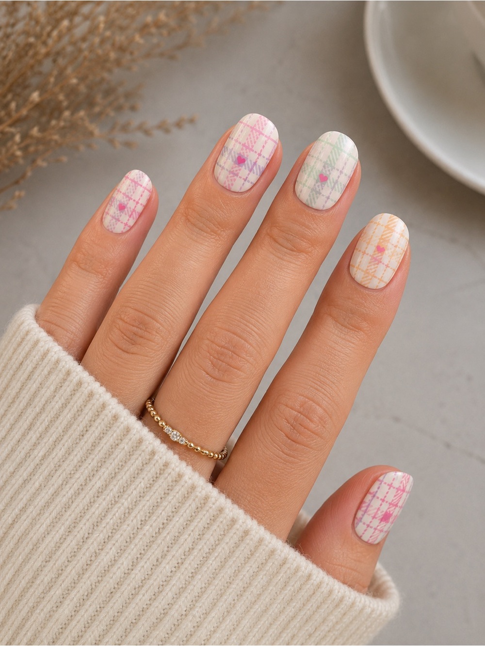 Pastel Plaid Heart Gel Nail Wraps